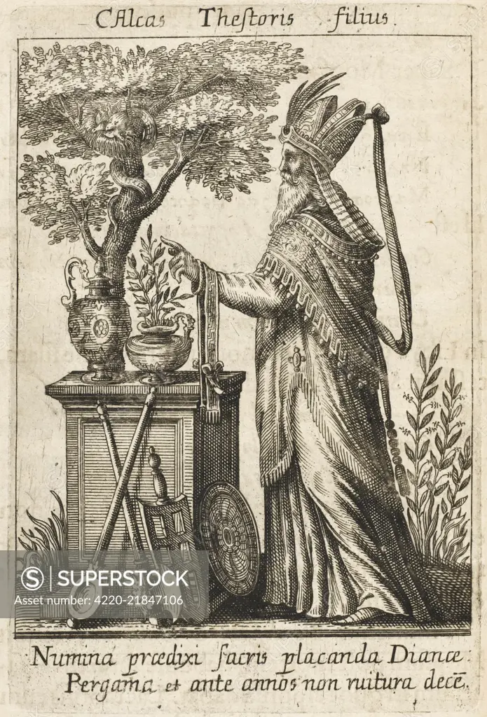 CALCHAS, Greek soothsayer who  correctly predicted duration  of Trojan War, saw necessity  for sacrificing Iphigenia &amp;c, but died of disappointment  when defeated by rival Mopsus