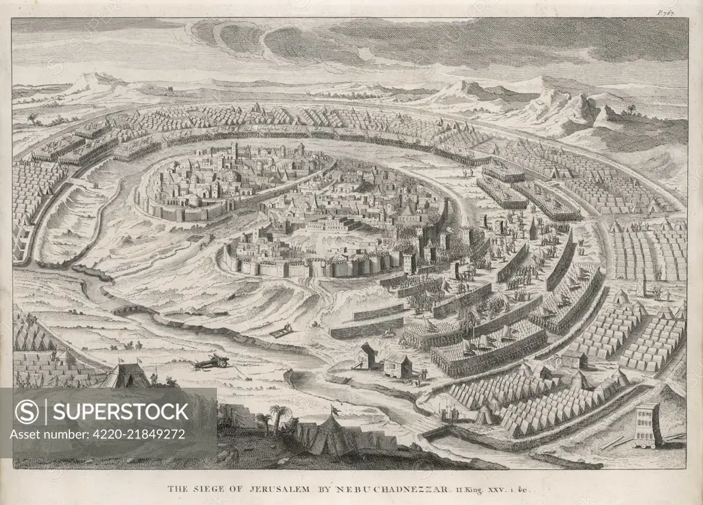 Jerusalem is besieged and  sacked by Nebuchadnezzar II,  ruler of Babylon : the Jews  are taken into exile and weep  by Babylon's waters      Date: August 587 BC