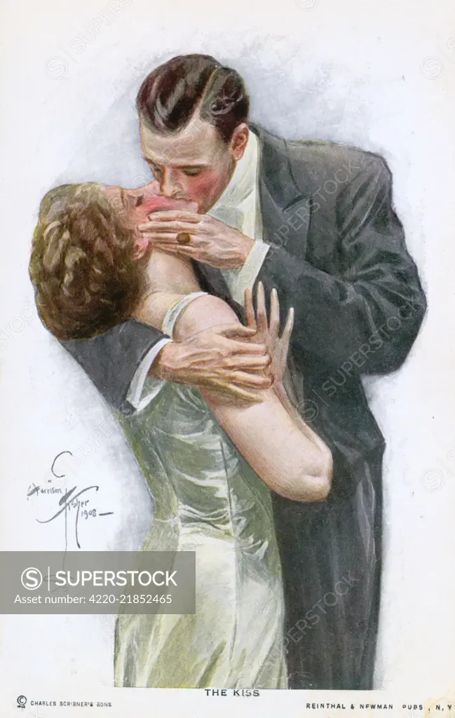 An American couple in evening dress kiss ardently yet with