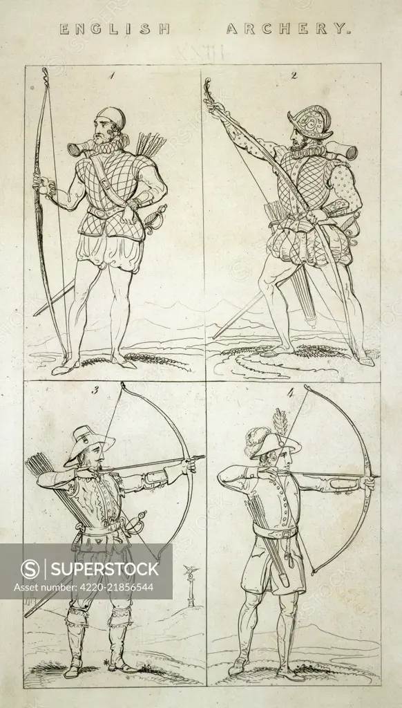 Four English bowmen: 1) Brigandine archer 1554 2) Brigandine archer 1590 3) Archer of Charles I 1625 4) Archer of 1780 