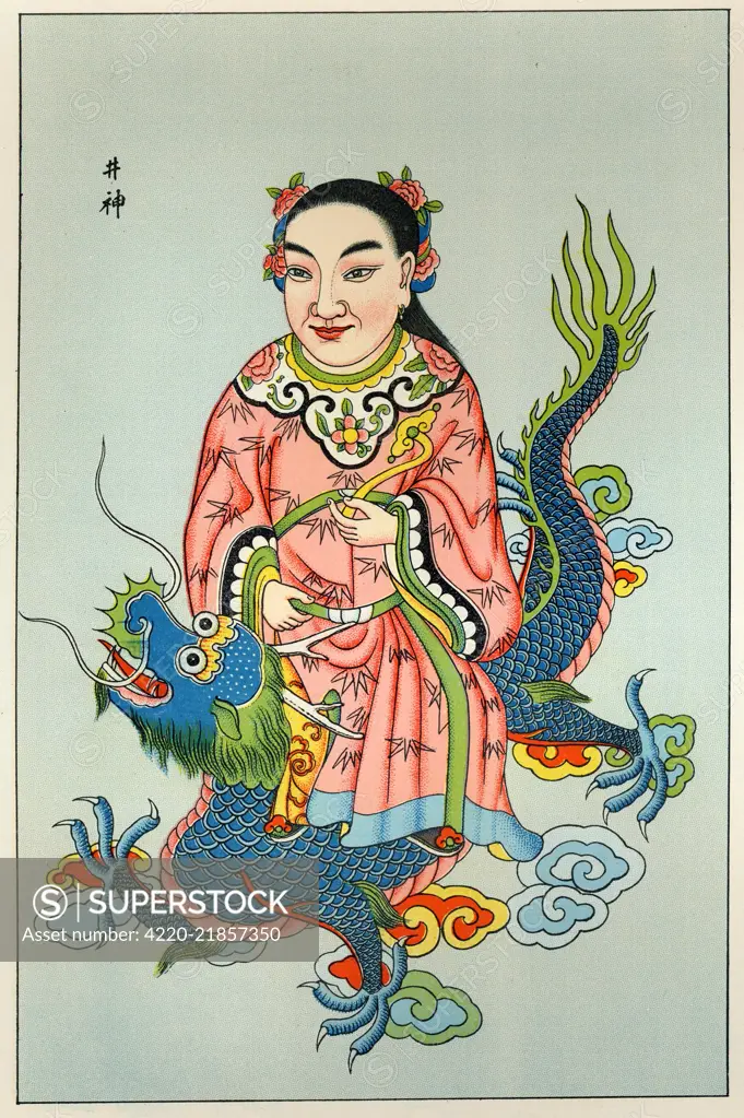 Tsing-chen, the Chinese spirit  of the wells, rides a blue  dragon        Date: 1915