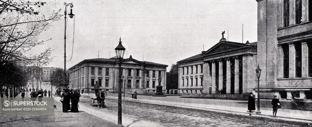 HENRIK IBSEN  Norwegian dramatist on his  daily walk in Oslo stops to  check his watch by the  University clock     Date: 1828 - 1906