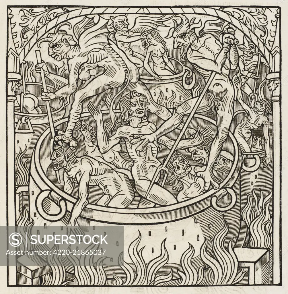 Covetous men and women are  pushed into cauldrons full  of boiling lead and oil - illustration to Julian  Notary's edition of the  Shepherd's Calendar     Date: circa 1520