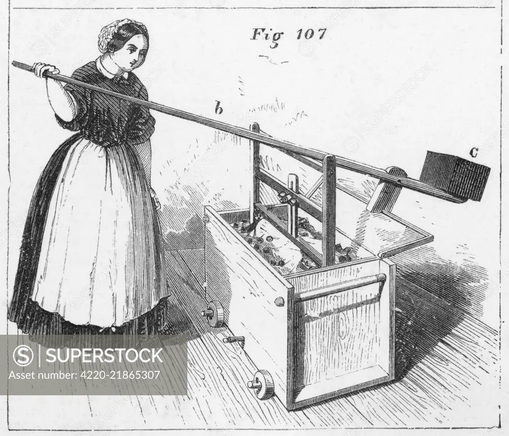  A maid operates a primitive- looking washing machine, made  in America.       Date: 1858