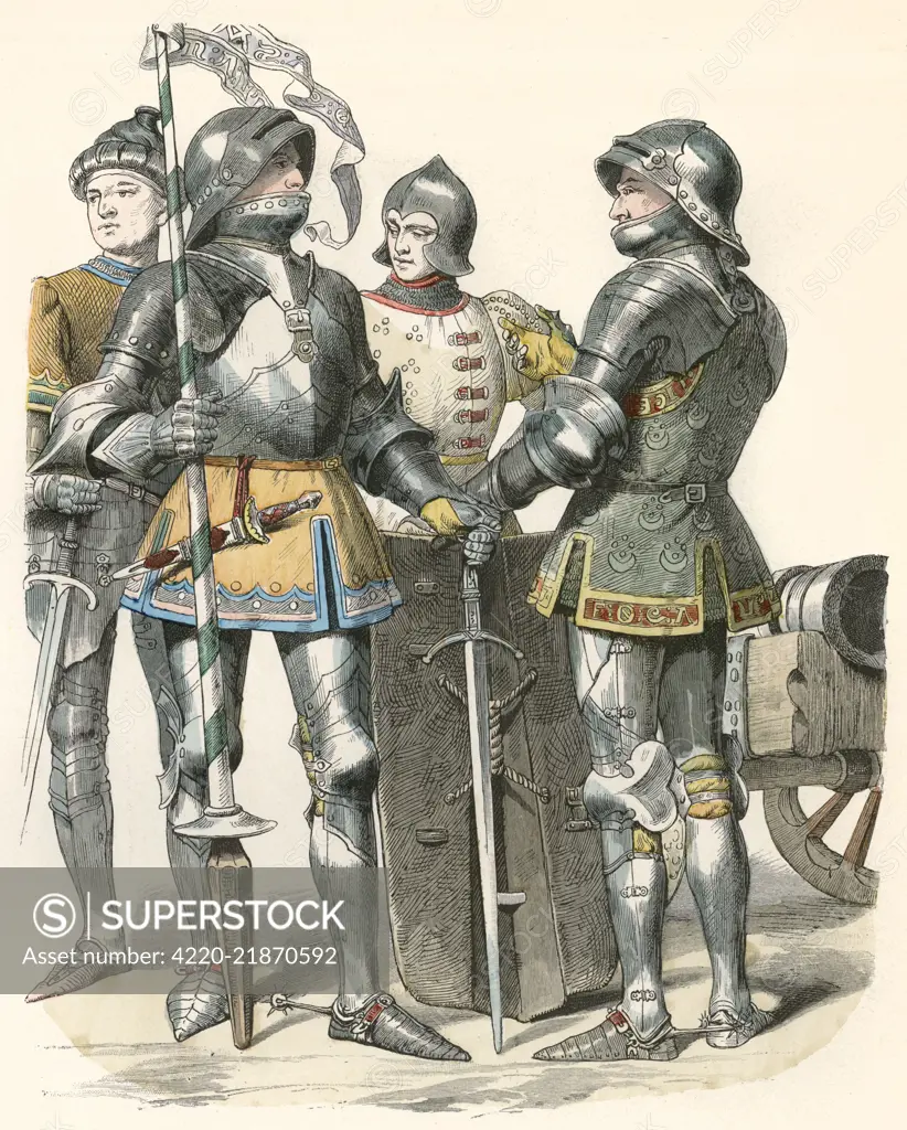  Burgundian soldiers in full  body armour.        Date: 1470