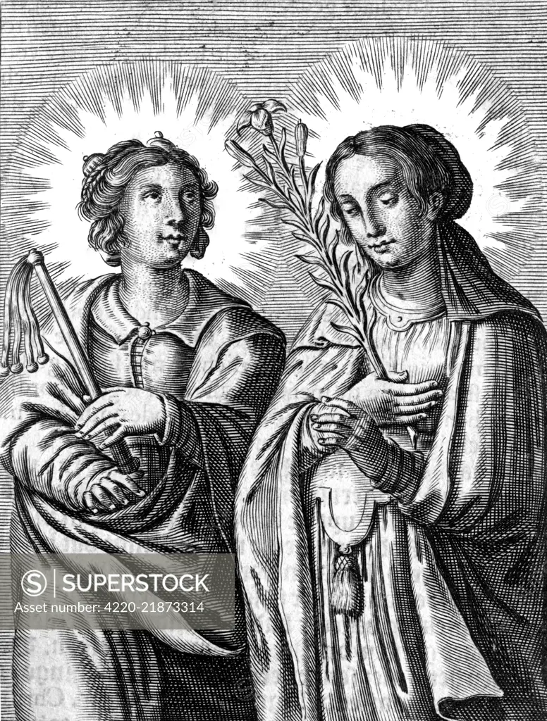 SAINT BIBIANA (also known as  Viviana) with her sister  Demetria : daughters of a  Roman prefect, they were  martyred during the persecution  by Julian the Apostate     Date:  - 363