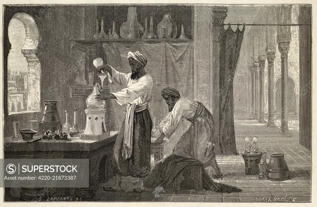 Abu Bakr Muhammad ibn Zakariya' al-Razi, known by Latin form  Rhazes. Persian physician, clinician and philosopher depicted in his laboratory in Baghdad.       Date: 10th century