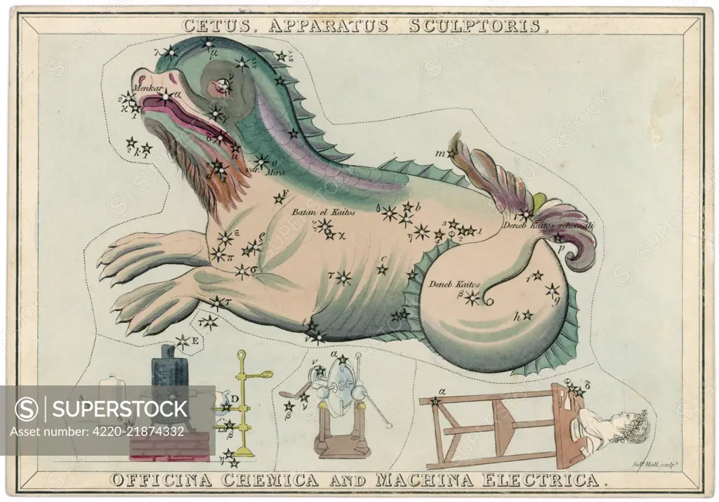 Cetus (sea monster) and  chemical factory and  electrical machinery  constellation.       Date: 19th century