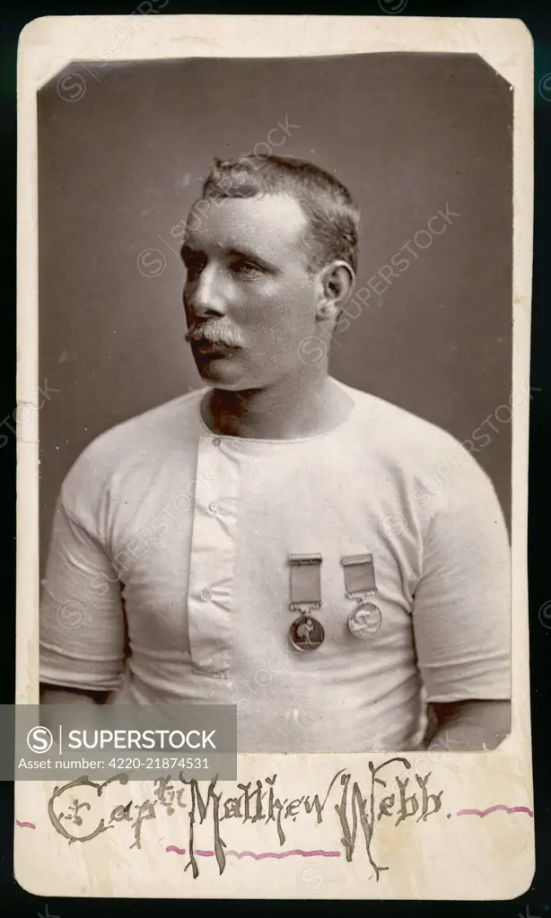 MATTHEW WEBB  Swimmer of the Channel in  1875, seen here wearing two medals      Date: 1848 - 1883