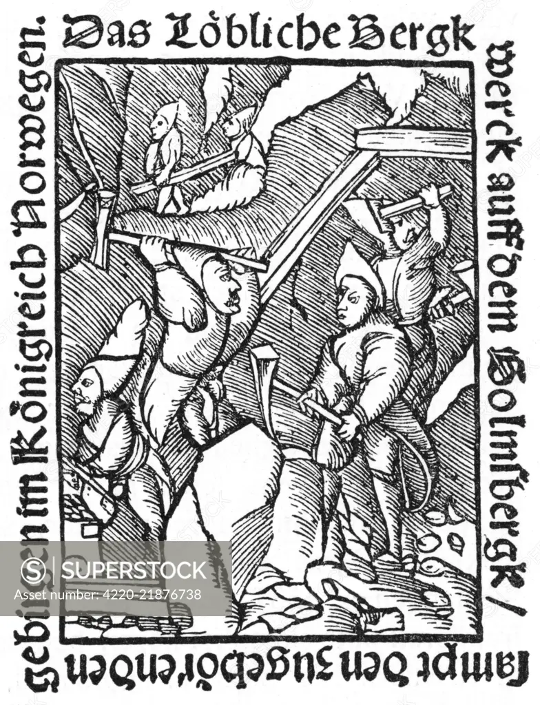 Medieval depiction of  Norwegian miners, with axes  and hammers        Date: 1540