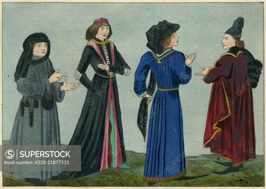 Four Englishmen all wearing  long gowns or robes         Date: 15th century