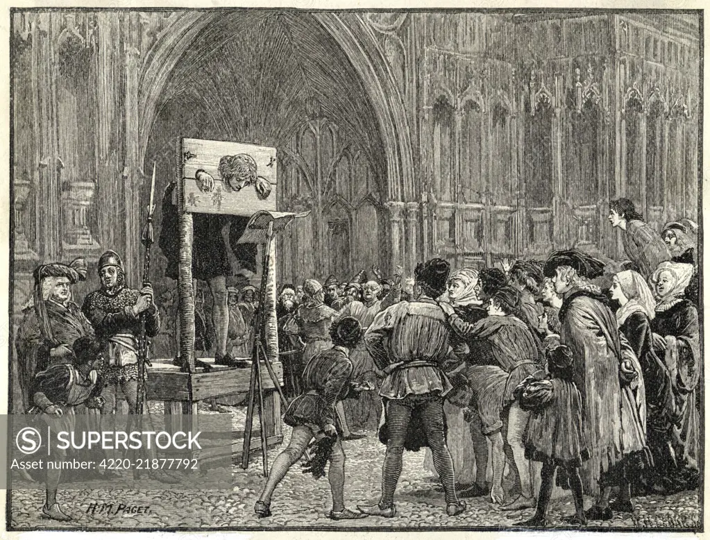 Perkin Warbeck, claimant to  the English crown, is placed  in the pillory on the orders  of Henry VII       Date: 1499