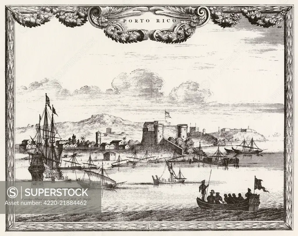  Puerto Rico:  San Juan harbour,  with ships       Date: circa 1700