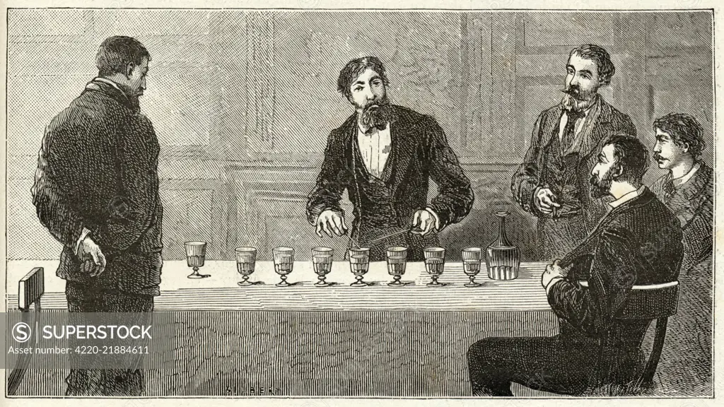 Sometimes known as a GLASS  HARMONICA : glasses, filled  with liquid to different  depths, emit different notes  when struck, giving a sound  somewhat like a xylophone.     Date: 1880