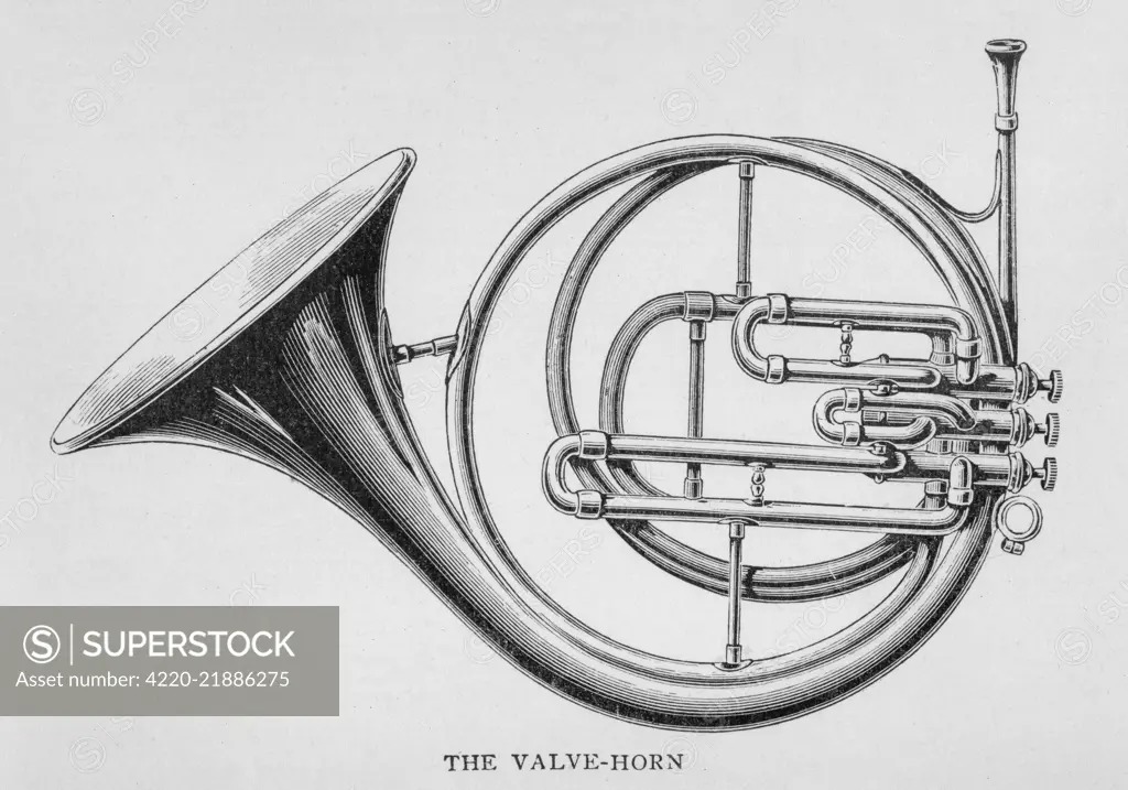 The VALVE HORN (French : Cor a  pistons) was introduced in the  1830s and completely replaced  the Natural Horn used by  Mozart and Beethoven.      Date: 1897