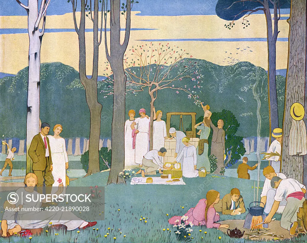 An elegant country picnic in  progress.         Date: circa 1924