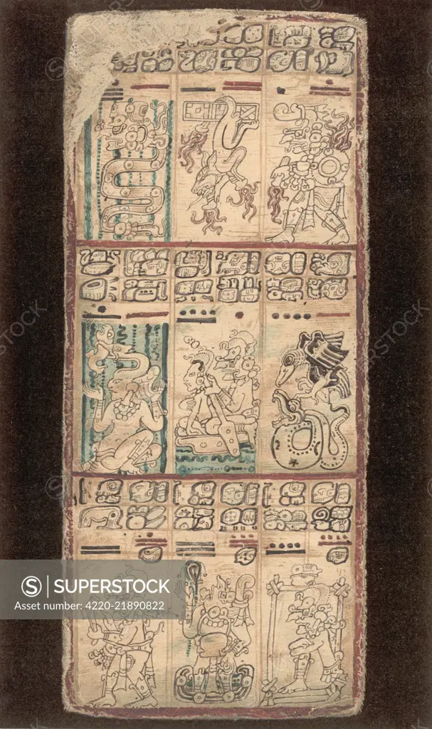 A reproduction of a Mayan  manuscript held at the  Landesbibliothek in Dresden.        Date: 8th or 9th century AD