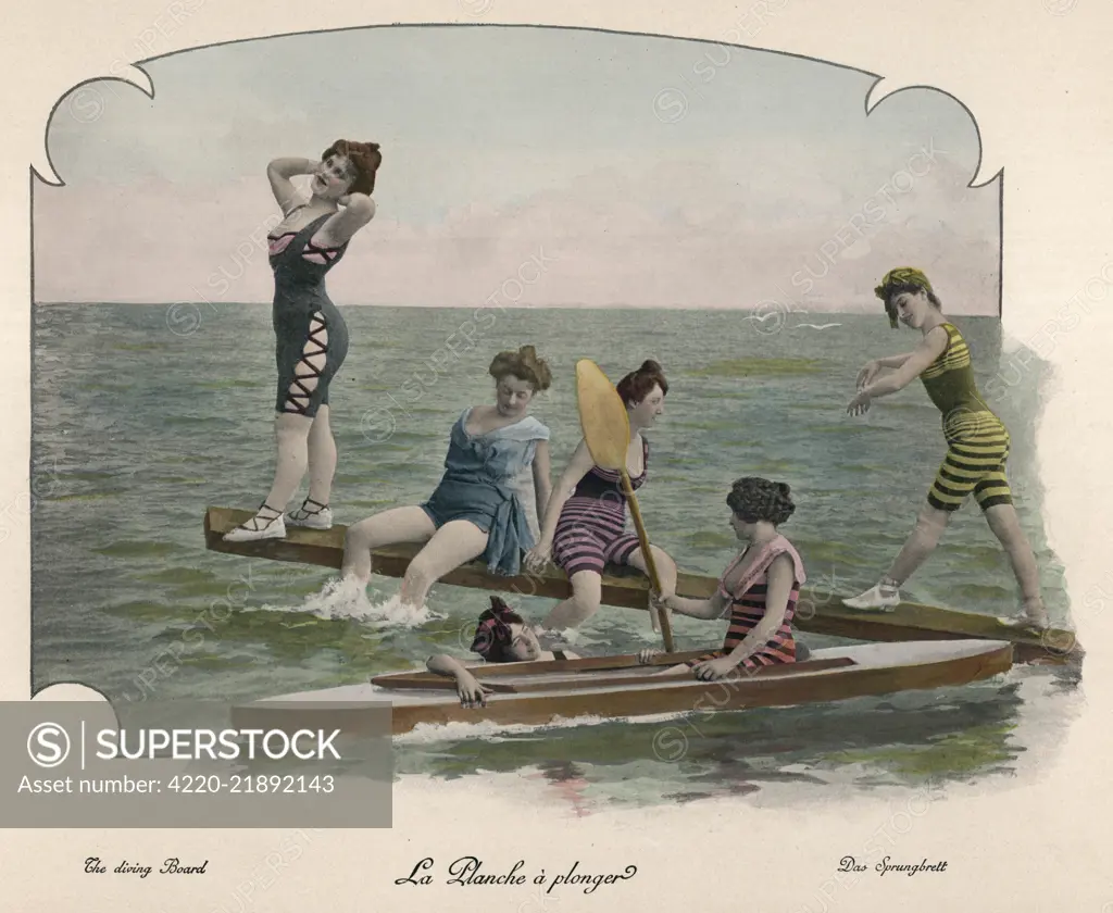  Six bathing beauties, four  on a springboard, two with  a canoe.       Date: 1890s