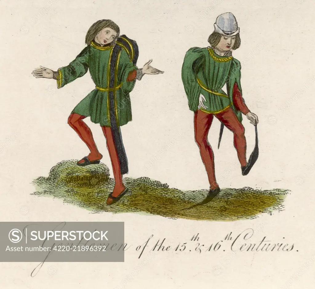 English footwear: a pair of  Piked or Copped shoes, also  called 'Poulaines' or  'Cracowes'; a pair of late  C15th leather pattens.      Date: 15th century