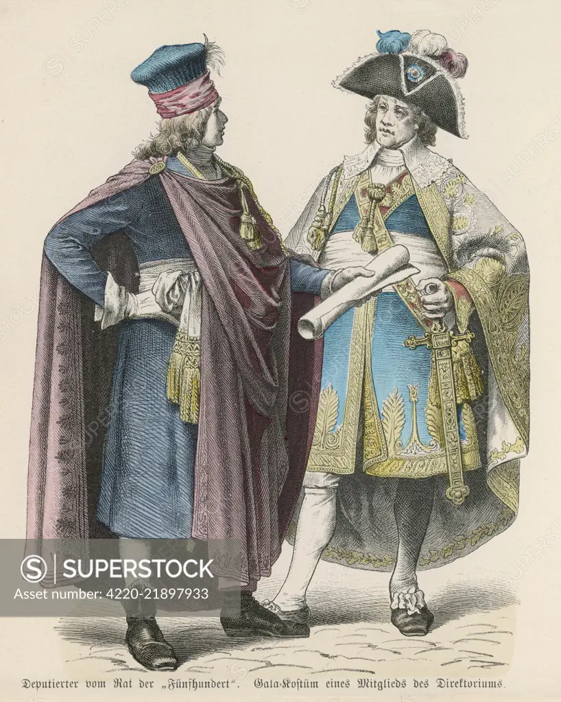 Uniforms of French  Revolutionary officials are  elaborate with much gold braid  &amp; tassels. Garments include  cloaks, capes &amp; sashes. One  carries a sword.     Date: 1794 - 1799