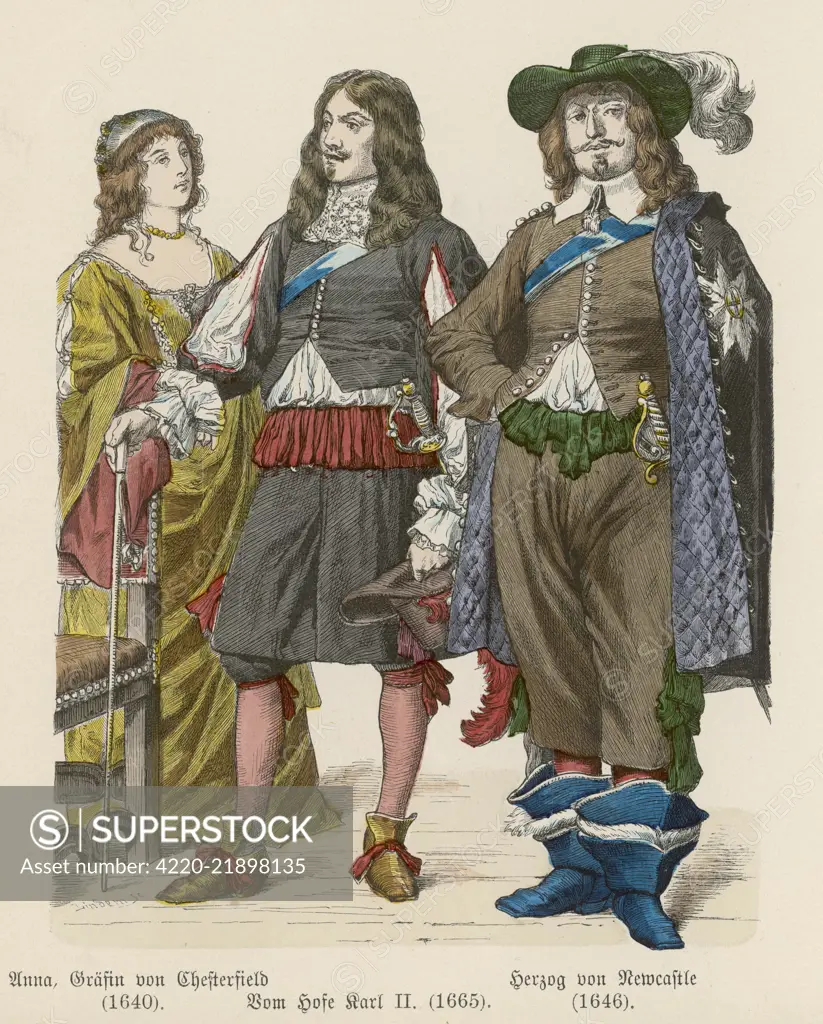 Duke of Newcastle: breeches  trimmed with ribbon loops,  bucket-top boots &amp; cloak.  Charles II: petticoat  breeches. Countess of  Chesterfield: decollete gown     Date: 1640-1665