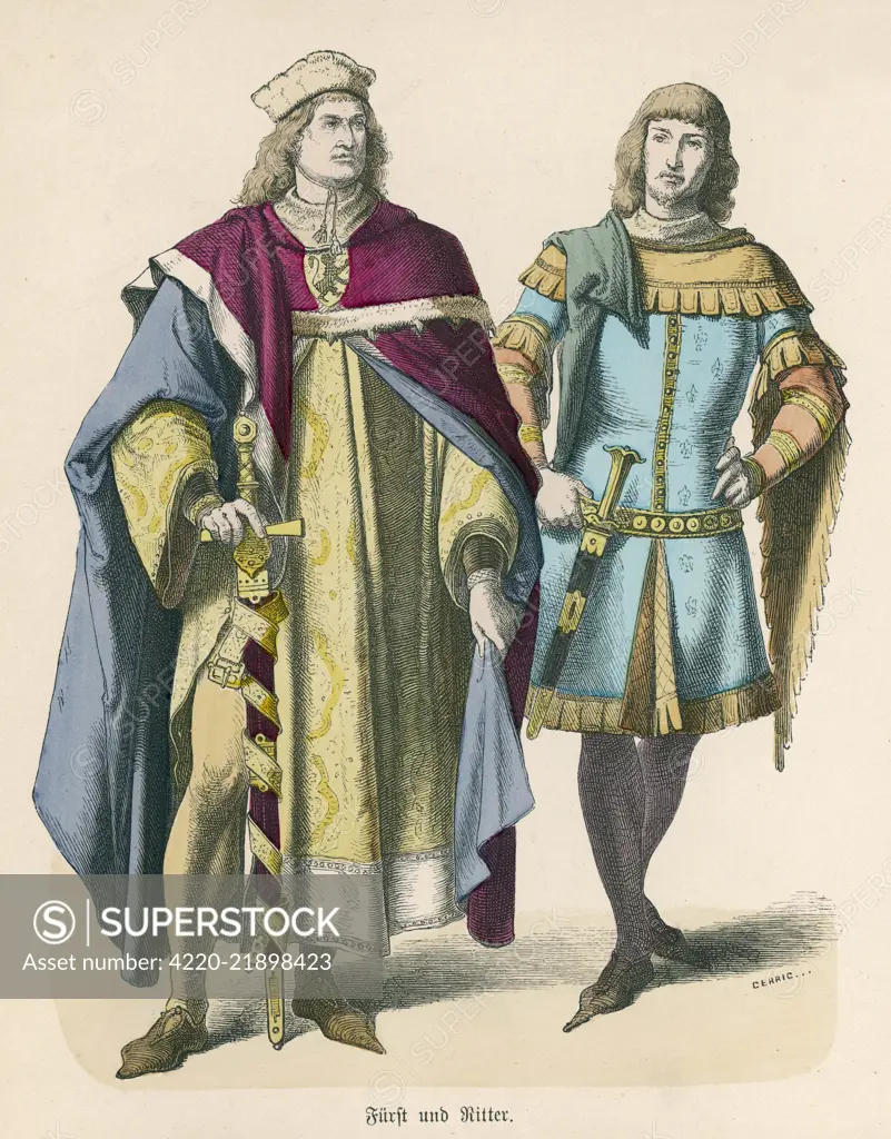 Knight: cote-hardie &amp; cape  with dentate border (dagged),  knightly girdle, dagger, piked  shoes. Lord: cloak or mantle,  cape with hood &amp; super-tunic  with side vent.     Date: 14th century