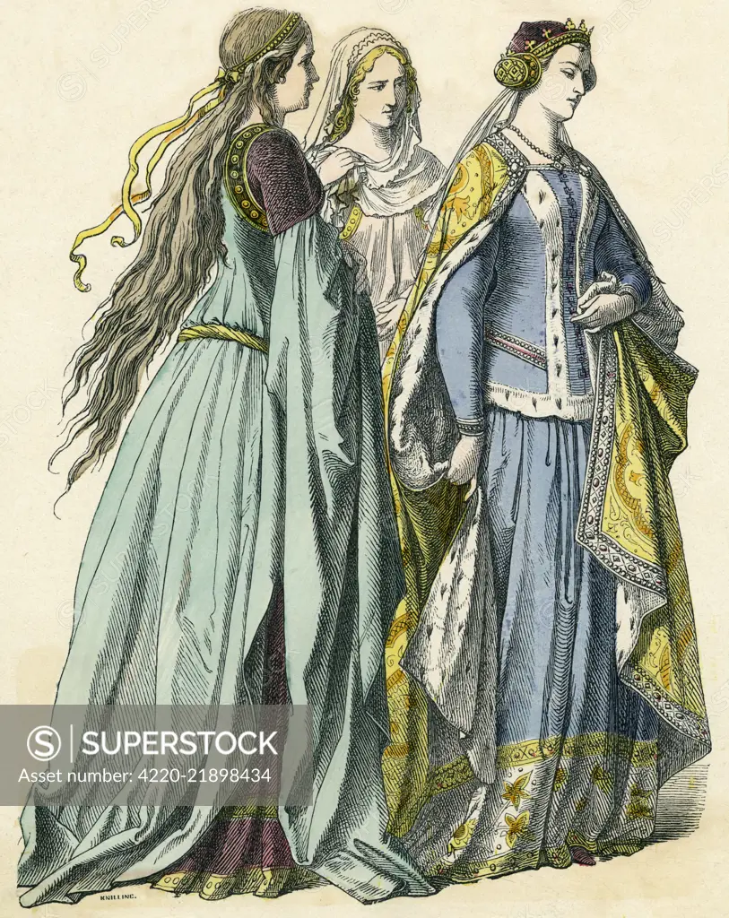 English noblewomen:  headdresses include a goffered  veil, a coronet &amp; an  ornamental fillet. One lady  wears an ermine lined mantle &amp;  surcoat.     Date: 14th century