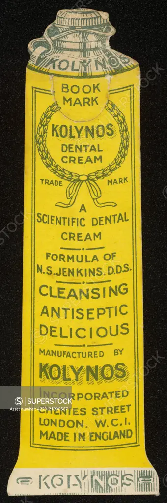 Trade card for KOLYNOS dental  cream, in the shape of a tube  of toothpaste.  It is  described as 'cleansing -  antiseptic - delicious'.      Date: early 20th century