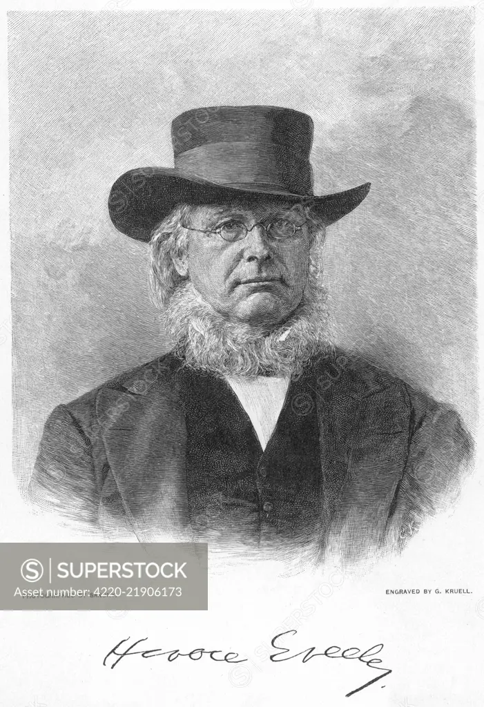 HORACE GREELEY American journalist, noted for  urging young men to go West :  he also befriended the table- rapping Fox sisters. with his autograph     Date: 1811 - 1872