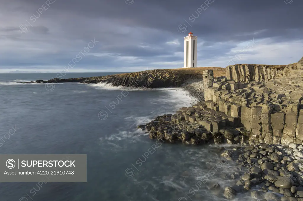 Lighthouse Kalfshamarsvik with basalt rocks - Peninsula Skagi - Iceland     Date: 