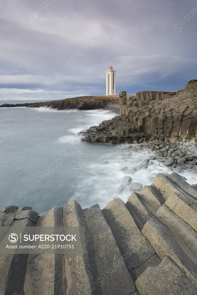 Lighthouse Kalfshamarsvik with basalt rocks - Peninsula Skagi - Iceland     Date: 