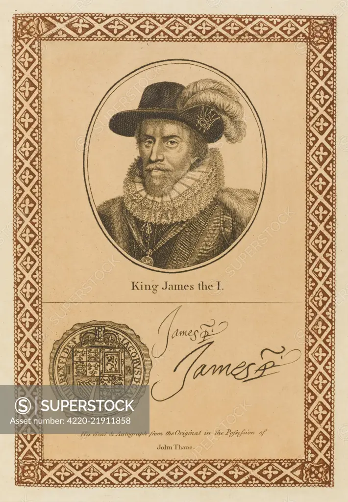 JAMES I of England (James VI  of Scotland)  writer on witchcraft and  tobacco with his autograph      Date: 1566 - 1625