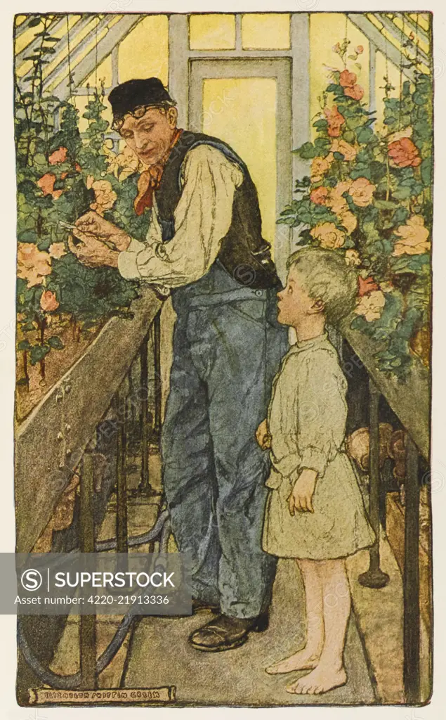 A young barefoot boy in a  greenhouse is introduced to  the mysteries of horticulture.        Date: 1908