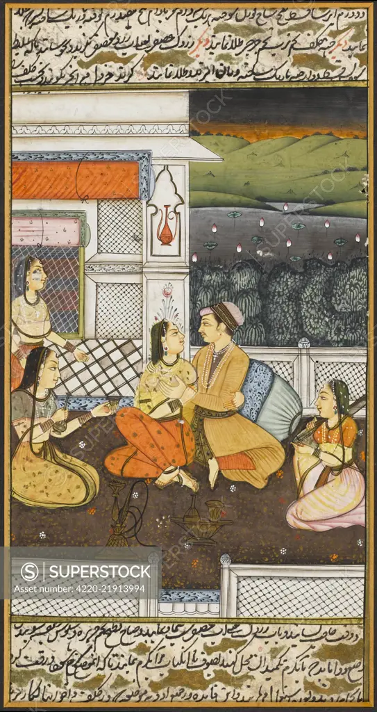 A Persian noble makes love to  his paramour, assisted by  scent and music from her  smirking handmaidens.       Date: possibly 17th century