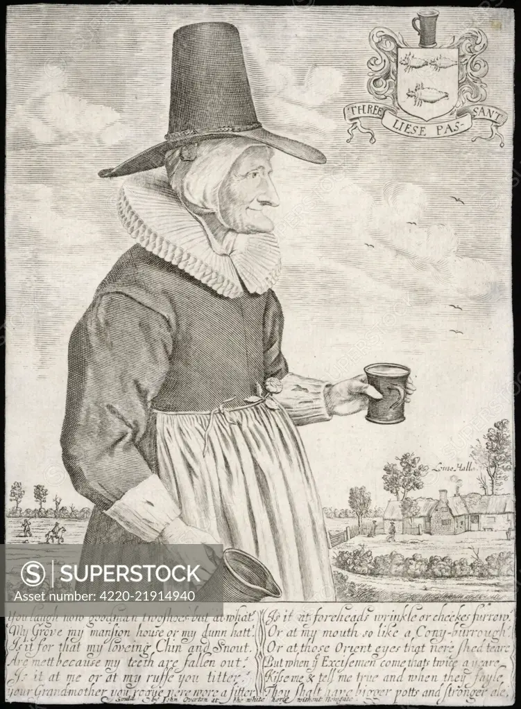 Mother Louse, alewife,  proprietor of Louse Hall, near  Oxford : she is said to have  been the last woman in England  to wear a ruff.      Date: 17th century