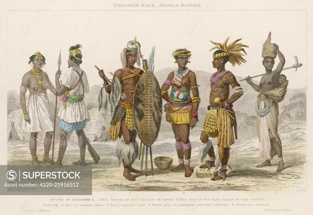 (L) Natives of Senegambia : (centre) Zulu in visiting  dress, Zulu dancing girl, Zulu  warrior in dancing costume :  (R) Bechuana woman      Date: circa 1880