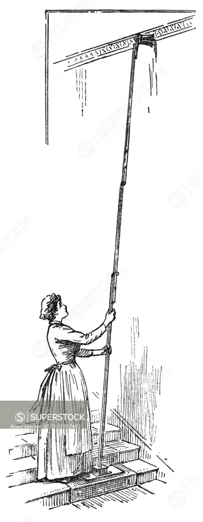 A handy wall brush with an  oscillating head or duster  enabling servants to clean  cornices, walls or staircases  without trying using a ladder.      Date: 1892