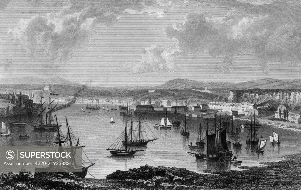 Sailing vessels and a steamship in the harbour at Plymouth, Devon     Date: circa 1830