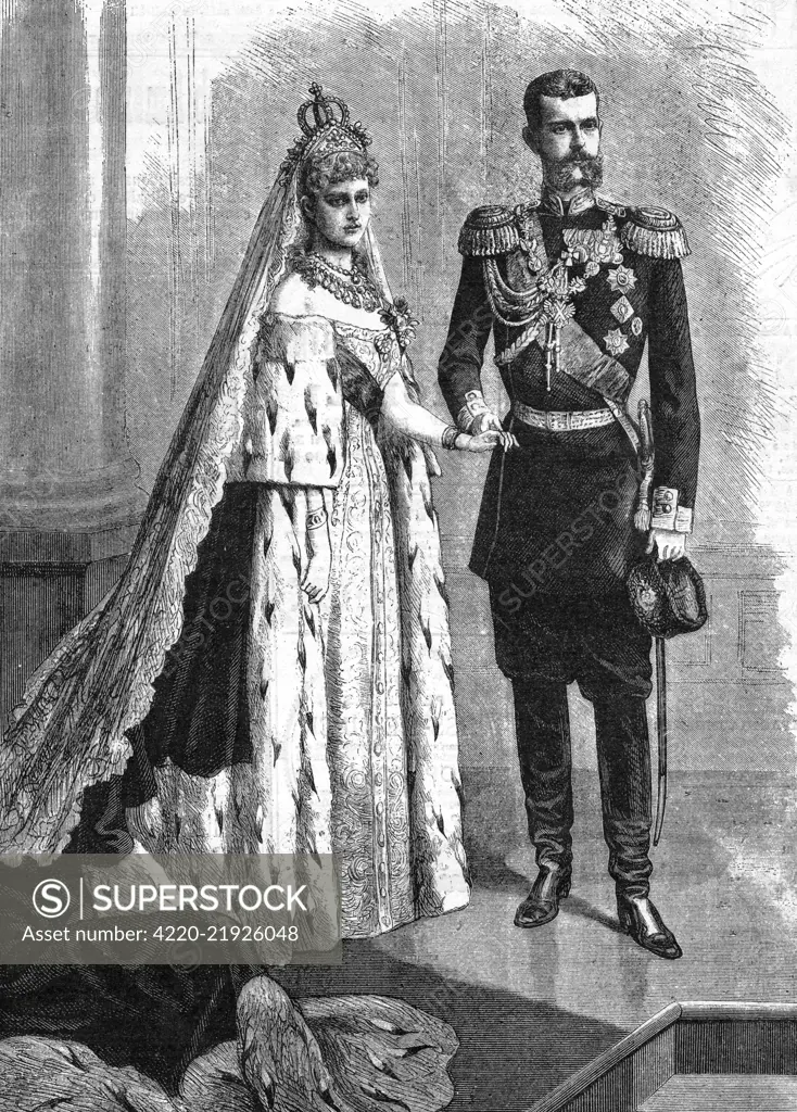 Wedding portrait of Princess Elizabeth of Hesse and the Rhine (later Grand Duchess Elizabeth Feodorovna of Russia - Elizabeth Feodorovna Romanova - canonized as St. Elizabeth Romanova - 18641918) and Grand Duke Sergei Alexandrovich (Sergius) of Russia, fifth son of Emperor Alexander II of Russia. They were married in St Petersburg on 15th June 1884.     Date: 1884