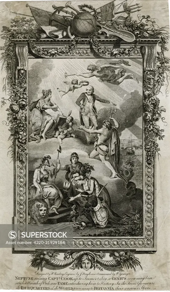 Captain James Cook (1728-1779), explorer.  An allegory, showing Neptune raising him up to Immortality, a Genius crowning him with a Wreath of Oak, and Fame introducing him to History.  In the foreground are the Four Quarters of the World presenting to Britannia their various Stores.  