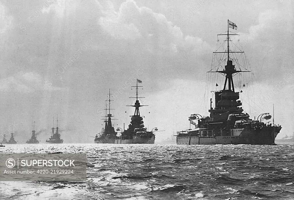 The British Fleet was concentrated at Spithead a fortnight before the outbreak of World War I. Twenty-two miles of warships ranging from Dreadnoughts to Destroyers passed in procession before King George V and the Prince of Wales.     Date: 1914