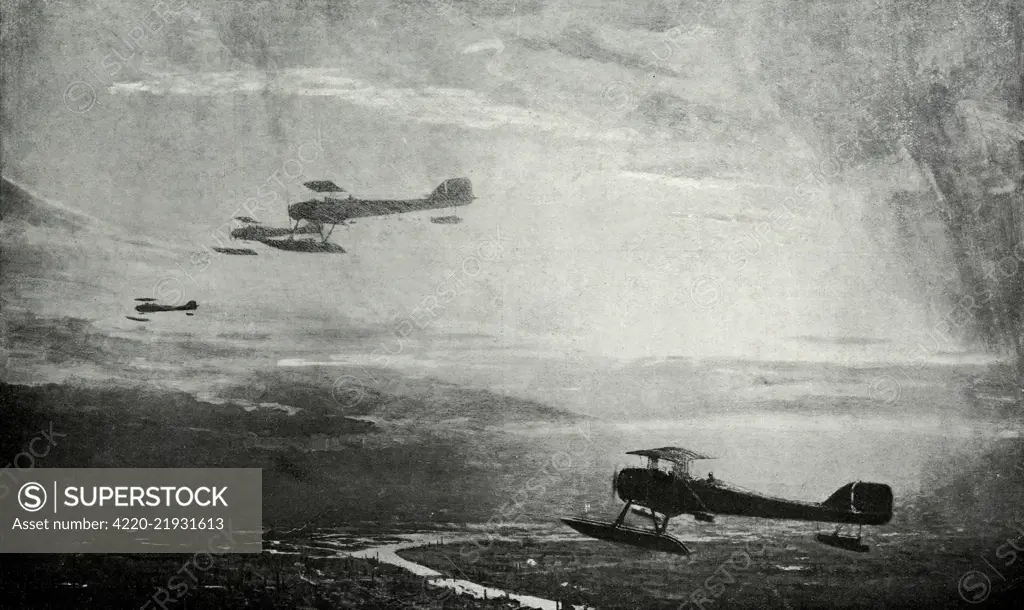 WW1 - A view from the sky, as if flying with the British squadron. Depicting the majestic quality of &quot;The Avengers&quot; and of British pride. Four seaplanes soar across the landscape below as the patrol go into action.        Date: 1916