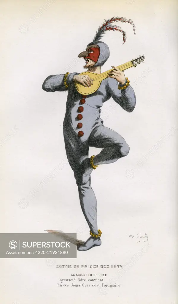 Sottie du Prince des Sotz (Foolery from the Prince of Fools), by Pierre Gringore (Gringoire).  Showing a musician in a red and grey fool's costume, standing on one leg and playing the mandolin.      Date: 1511