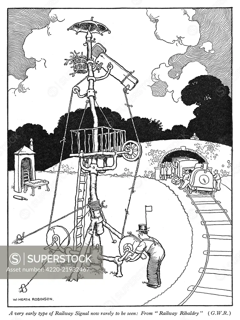 A very early type of railway signal now rarely to be seen - an example from Railway Ribaldry, drawn by William Heath Robinson and commissioned by the Great Western Railway to mark their centenary.     Date: 1935