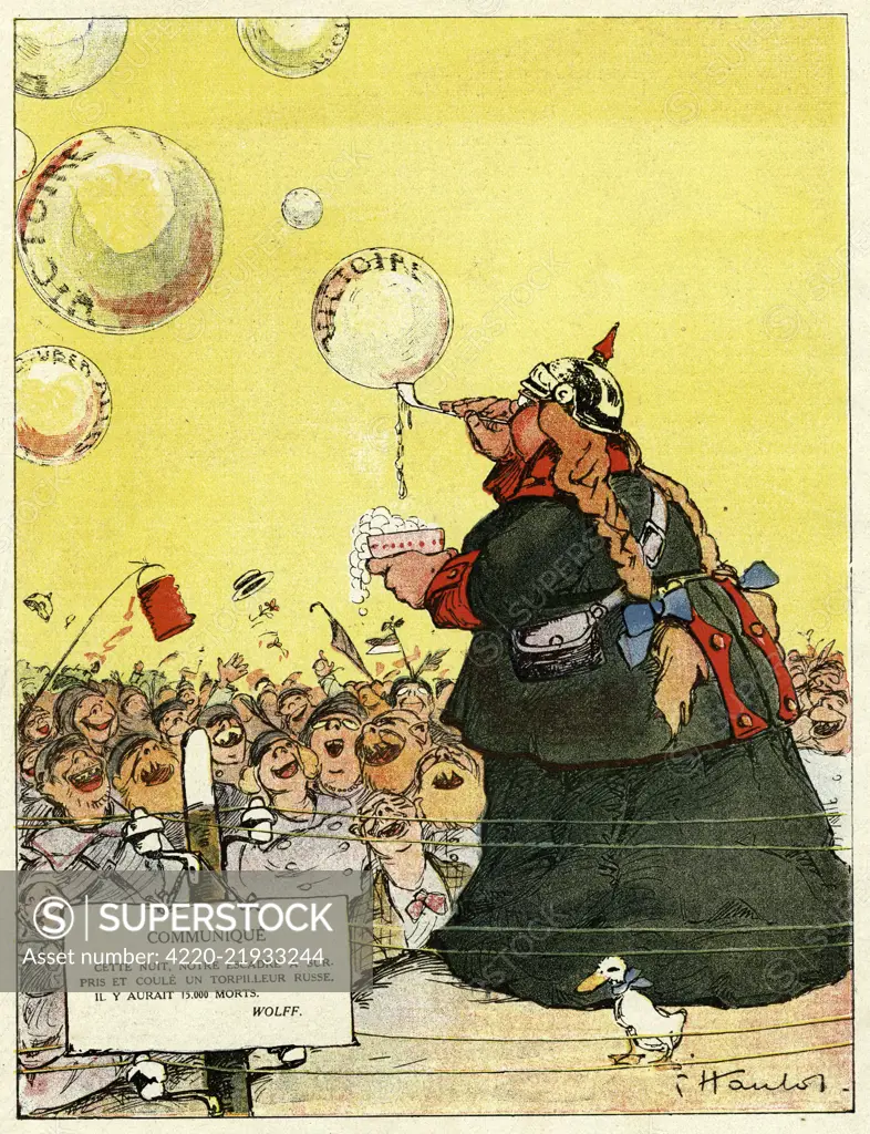 Cartoon, German communique, a satirical comment on a German claim that their squadron has sunk a Russian torpedo boat with the loss of 15,000 lives.  A plump German woman in uniform blows Victory bubbles for a delighted German crowd.      Date: 1915