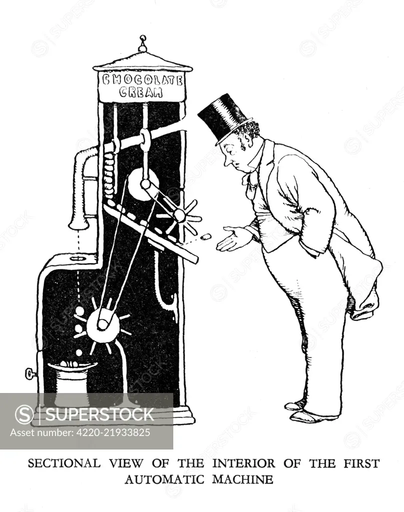 Vignette illustration, Railway Ribaldry by W Heath Robinson -- Sectional view of the interior of the first automatic machine.      Date: 1935