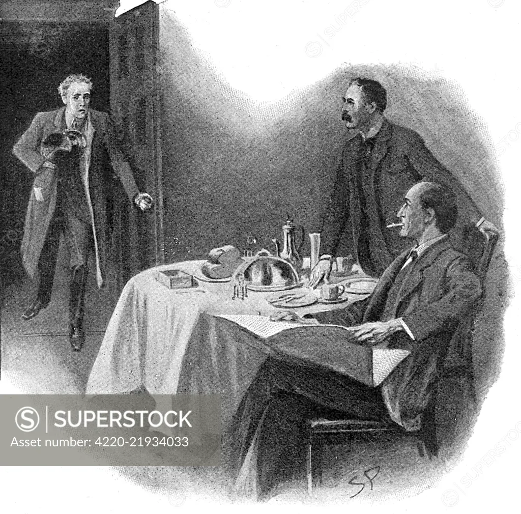 The Return of Sherlock Holmes, the Adventure of the Norwood Builder, a Sherlock Holmes story by Arthur Conan Doyle. &quot;A wild-eyed and frantic young man burst into the room.&quot; Holmes is seated at the breakfast table, Watson standing.     Date: 1903