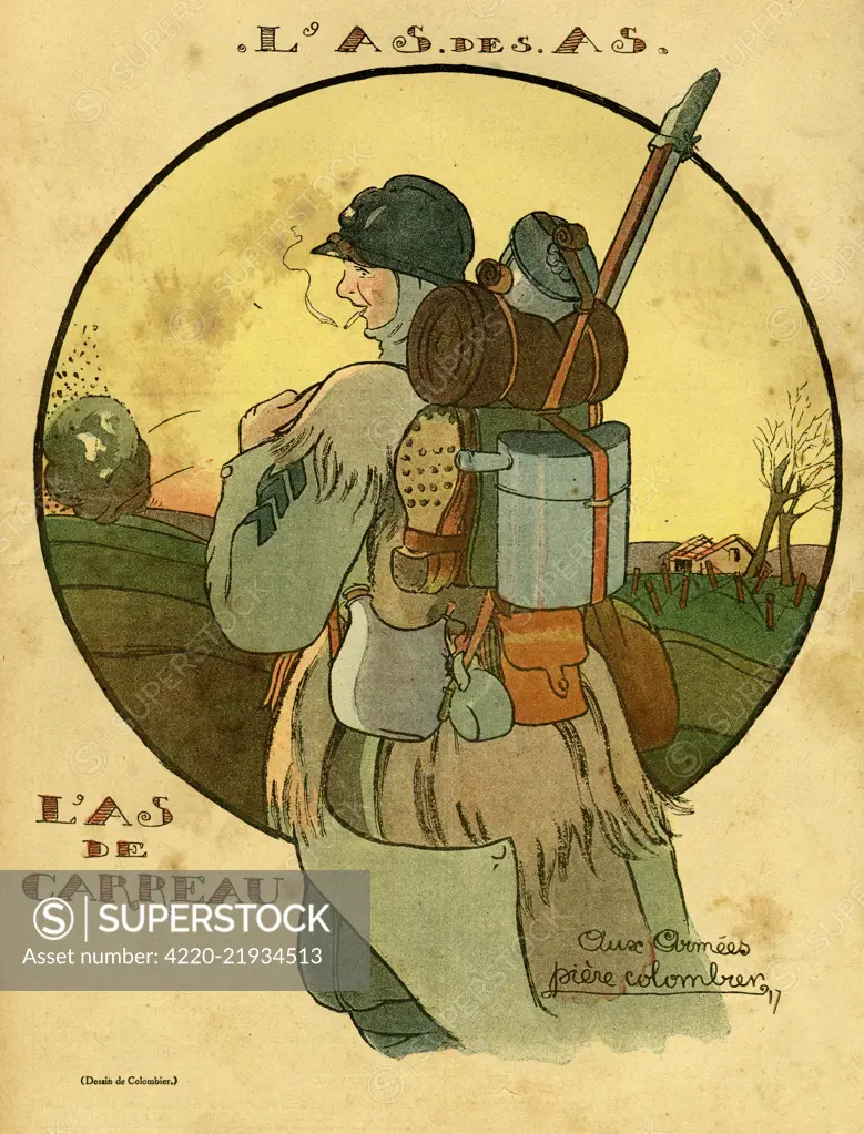 Cartoon, Ace of Diamonds.  An ordinary French soldier on the Western Front, carrying his kit on his back.  The title suggests that every soldier is an Ace, not just the high-profile heroes.       Date: 1917