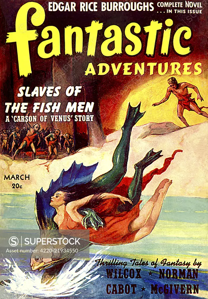 Cover of Fantastic Adventures, March 1941, featuring the story 'Slaves of the Fish Men' by Edgar Rice Burroughs. A bizzar fish-man creature is kidnapping a young woman. A crowed of weird looking people running after them trying to catch them.      Date: 1941