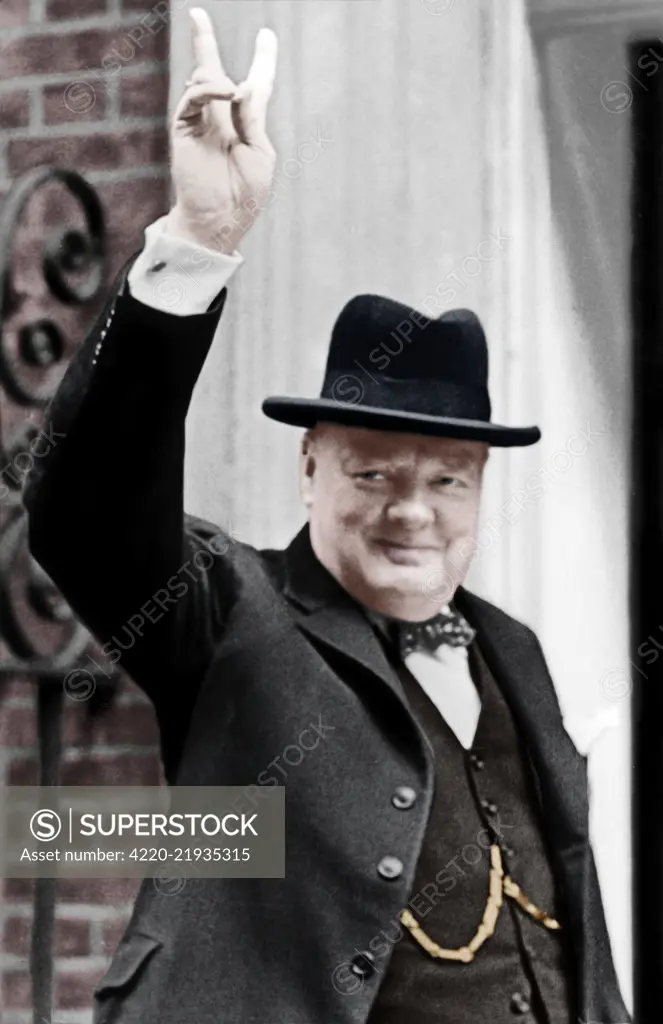 Winston Churchill (1874-1965) - Giving the V for Victory sign. Churchill was Prime Minister of the United Kingdon from 1940 to 1945 and again from 1951 to 1955.     Date: circa 1940